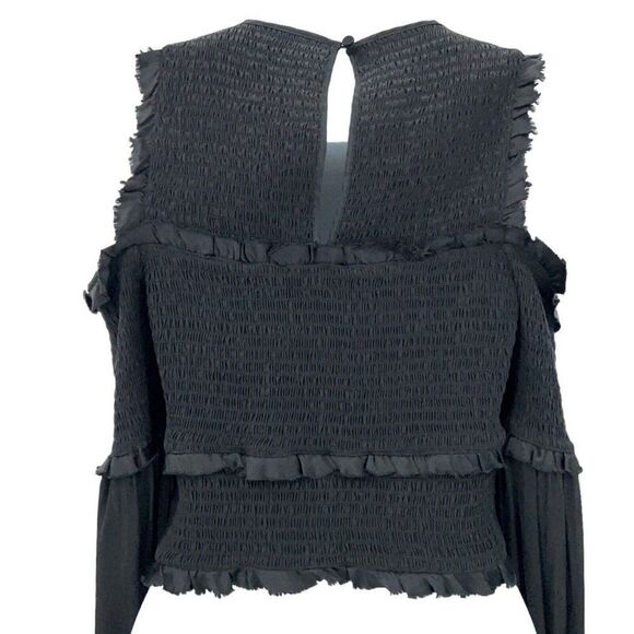 Cinq a Sept Pascal Top Women XS Black Silk Cold Shoulder Crop Stretchy Long - Picture 5 of 10